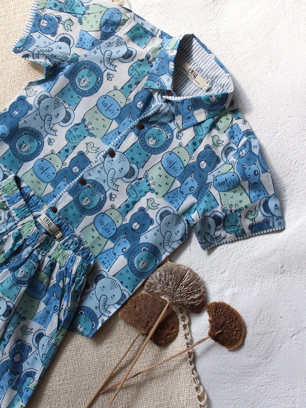 KIDS ANIMAL SAFARI COTTON SHIRT & SHORT SET