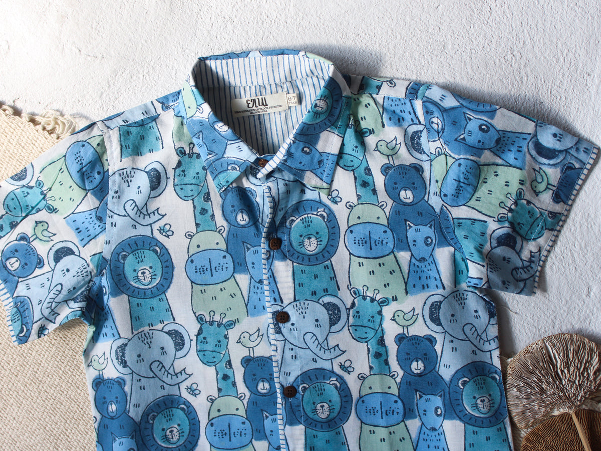KIDS ANIMAL SAFARI COTTON SHIRT & SHORT SET