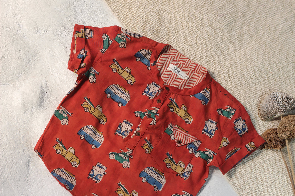 Bagru Maroon Retro Camper Van Shirt