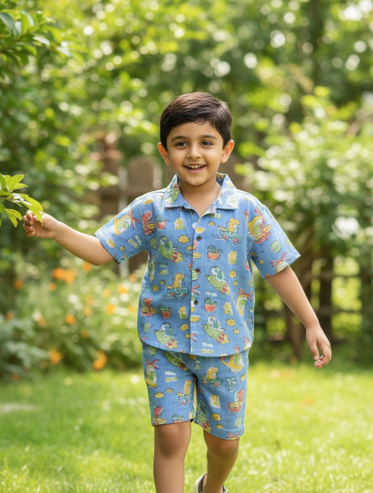 KIDS DINO IN SPACE MUSLIN SHIRT & SHORT SET