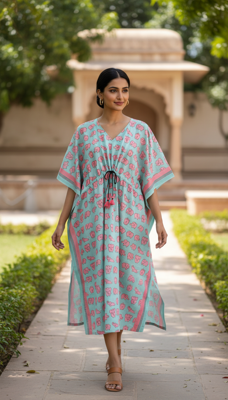 Kaftan- Elephants in Mint & Pink
