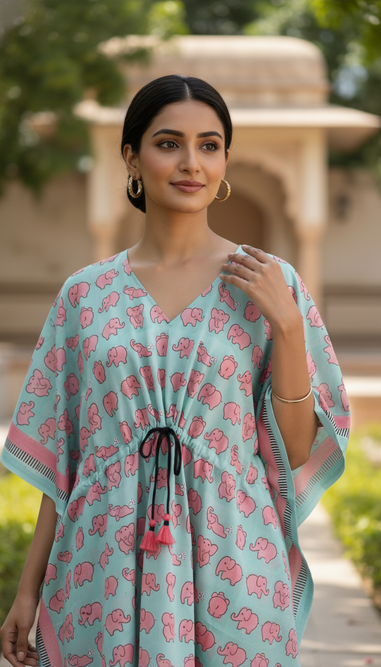 Kaftan- Elephants in Mint & Pink