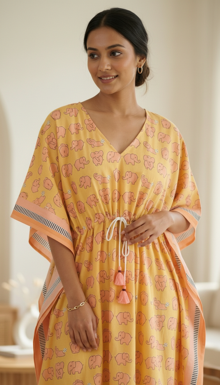 Kaftan- Elephants in Orange Yellow