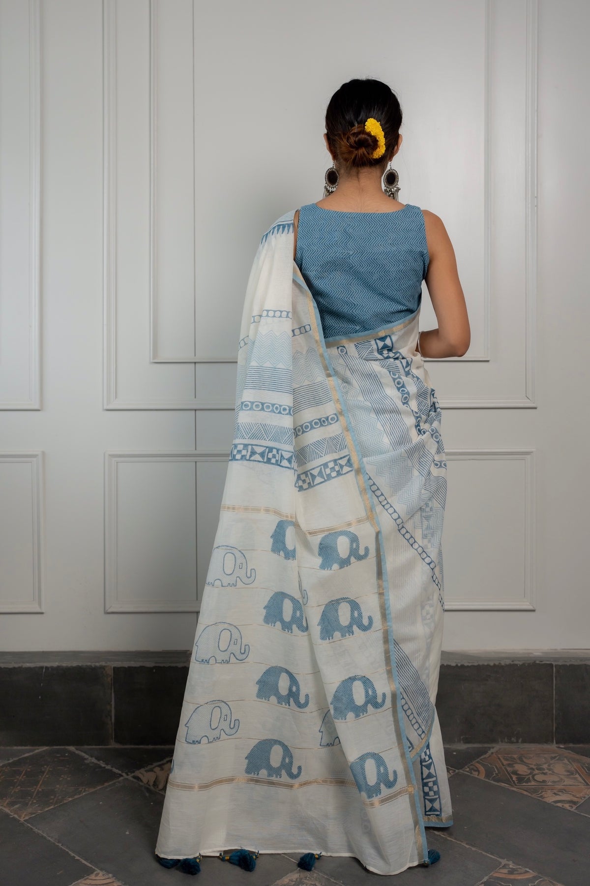 INDIGO ELEPHANTS - Chanderi Saree