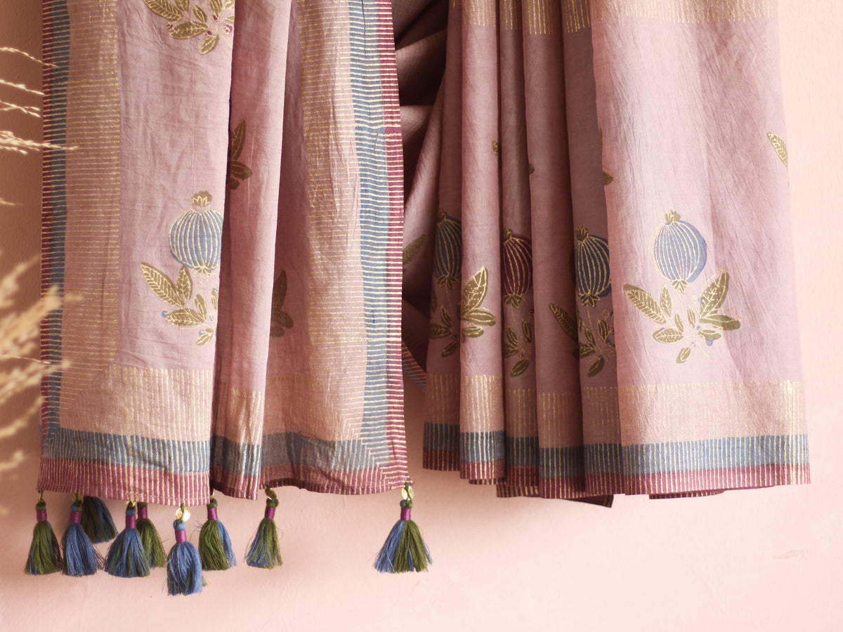 SAREE -Gold Foil Printed Rose Pink Saree - CHHAPA