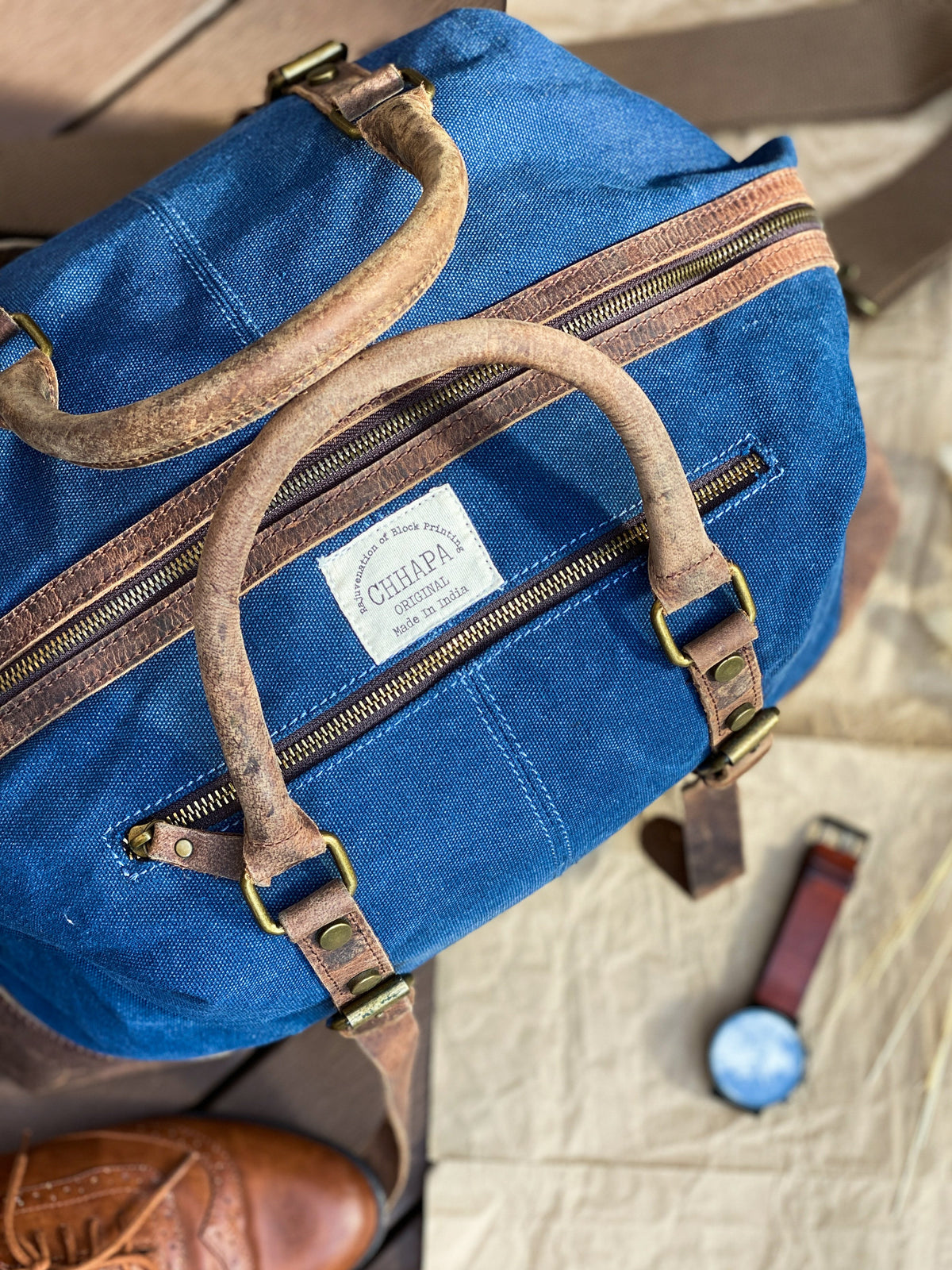Canvas Leather Indigo Duffle Bag - CHHAPA