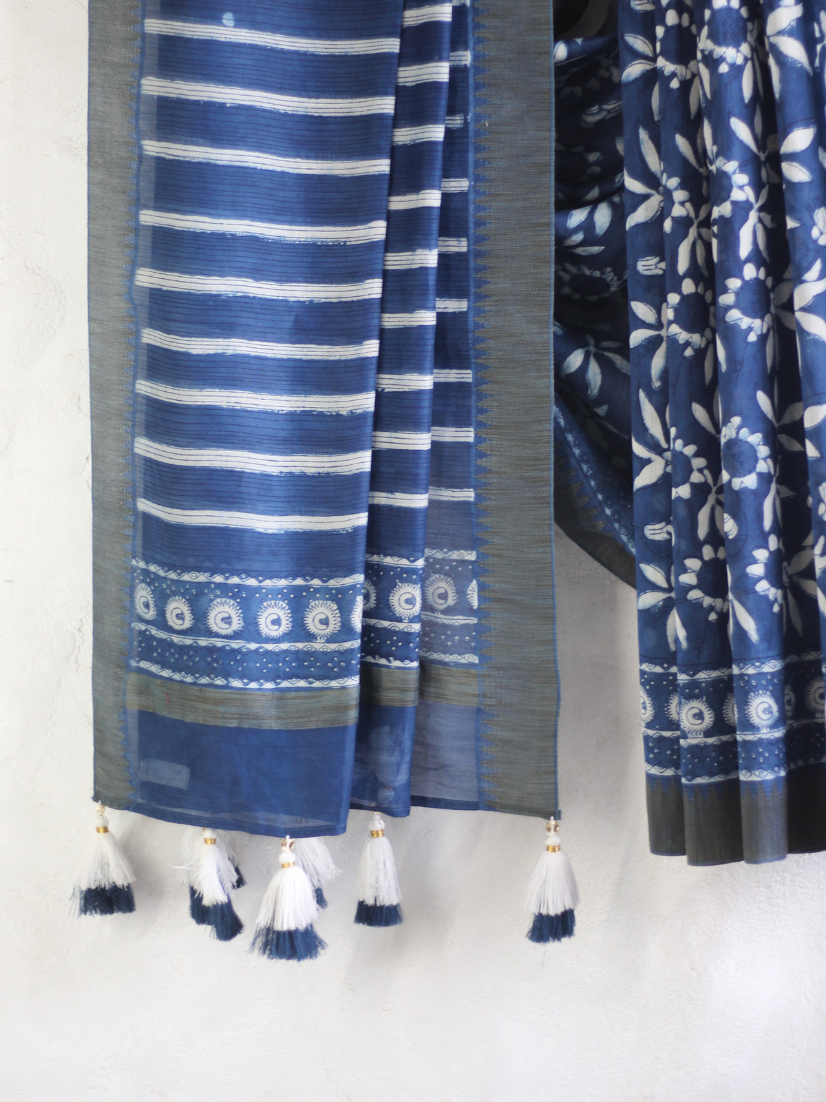 Dabu Indigo in Krishna jaal -Chanderi Saree