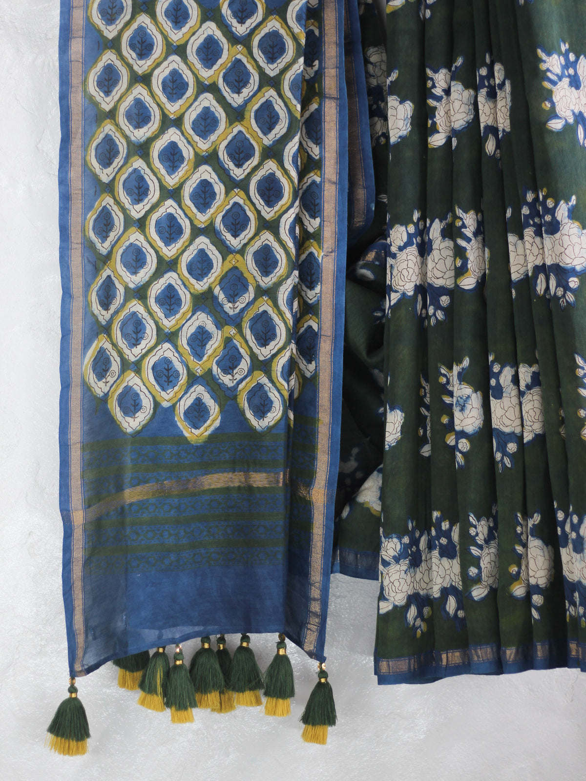 Bagru Natural Indigo Green-Chanderi Saree