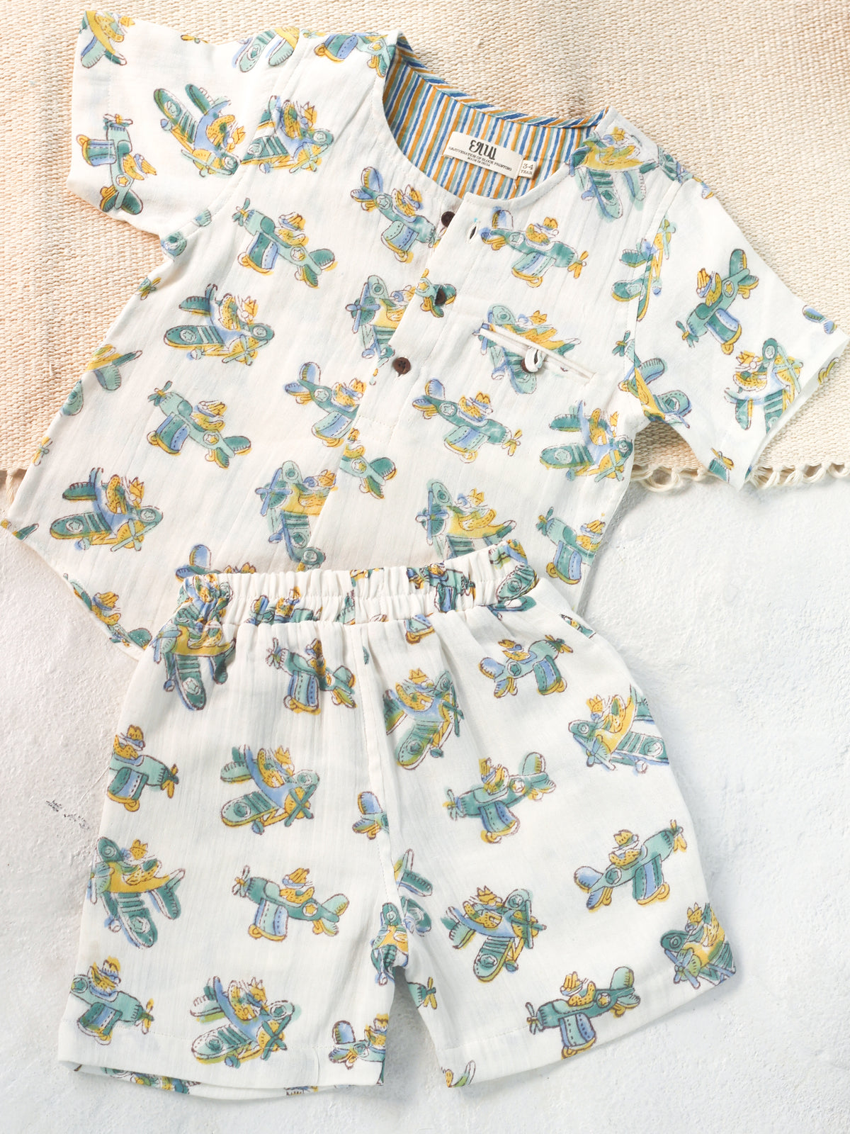 KIDS PLANE MUSLIN SHIRT & SHORT SET
