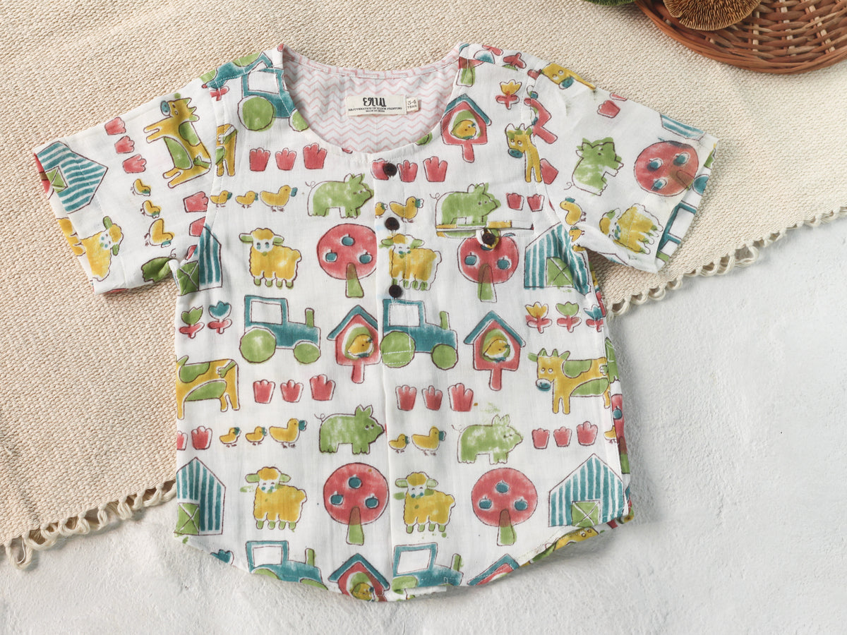 KIDS FARM MUSLIN SHIRT & SHORT SET