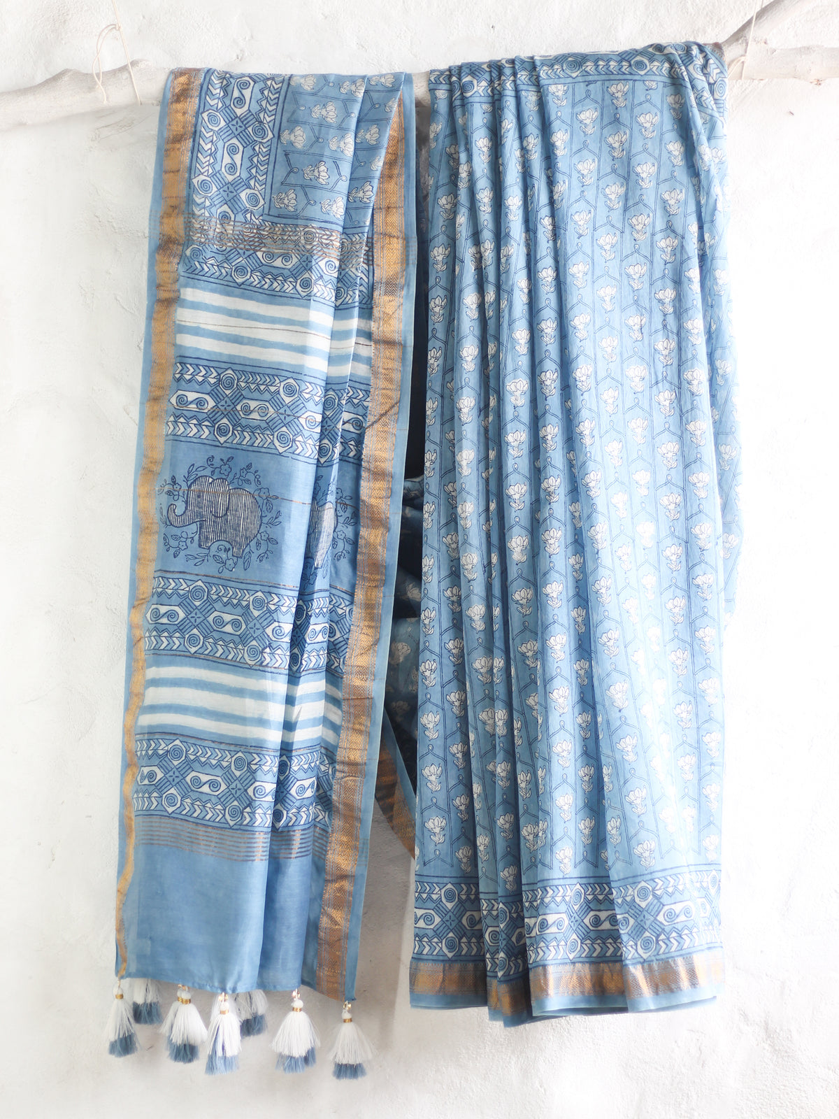Dabu light indigo -Chanderi Saree
