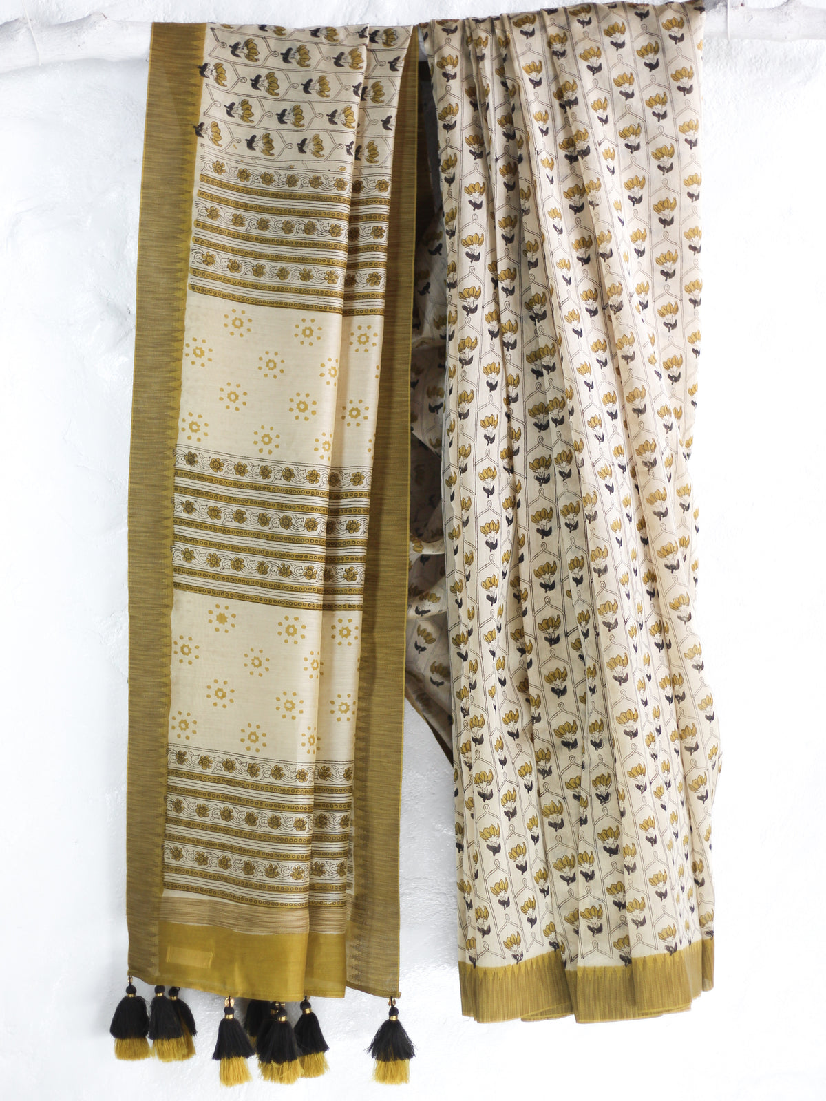Bagru Natural Yellow Jaal -Chanderi Saree