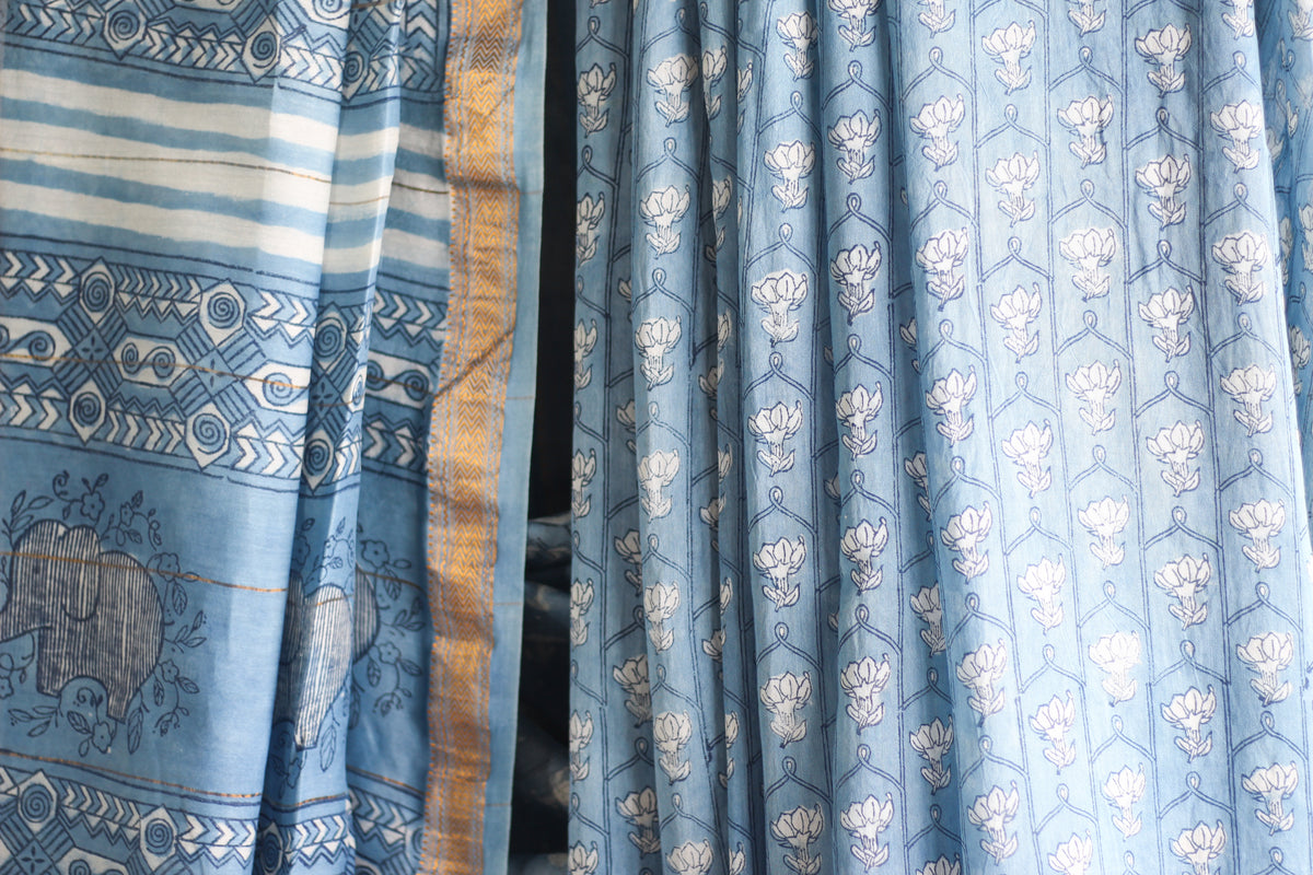 Dabu light indigo -Chanderi Saree