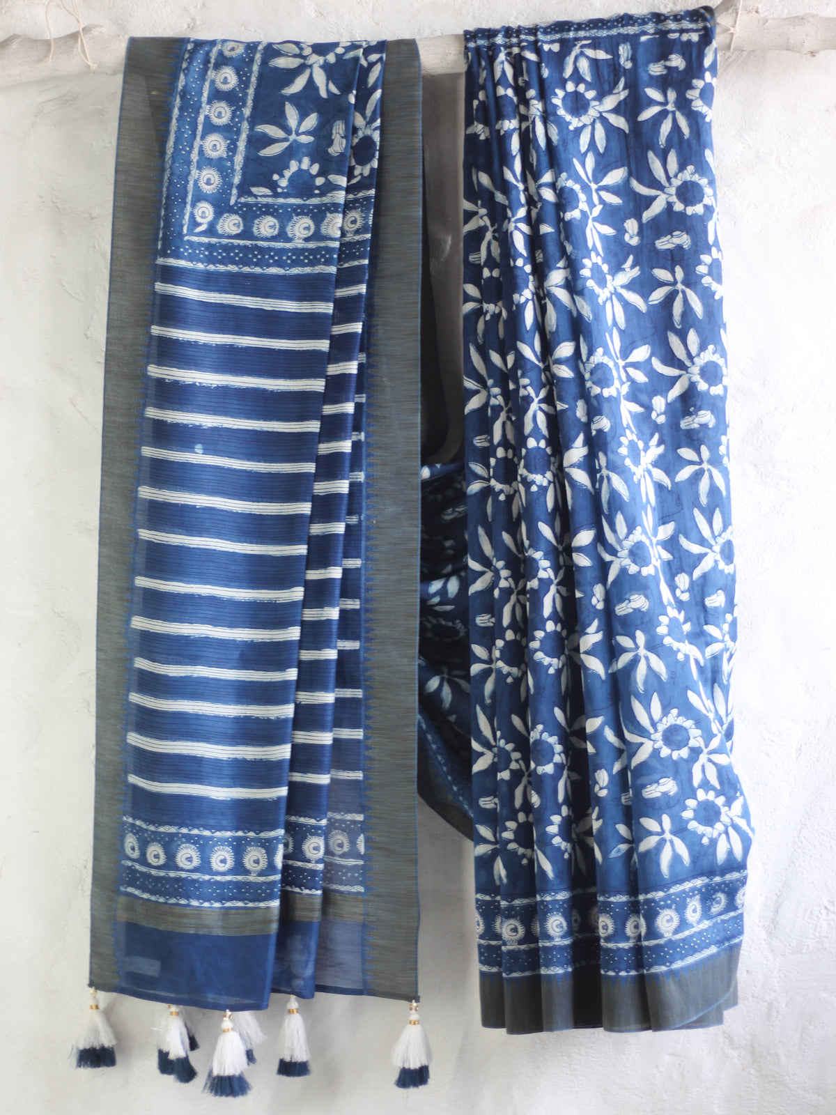 Dabu Indigo in Krishna jaal -Chanderi Saree