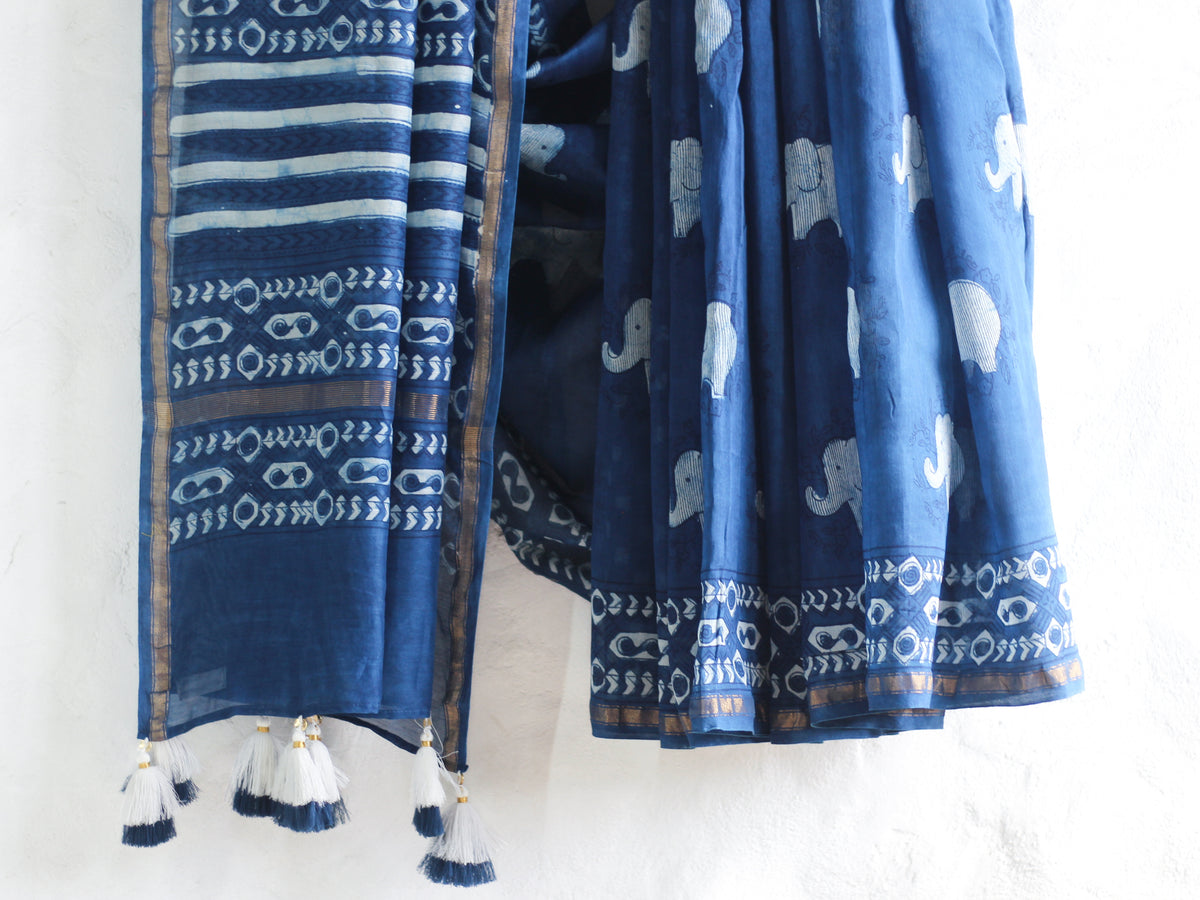 Dabu Indigo Elephant-Chanderi Saree
