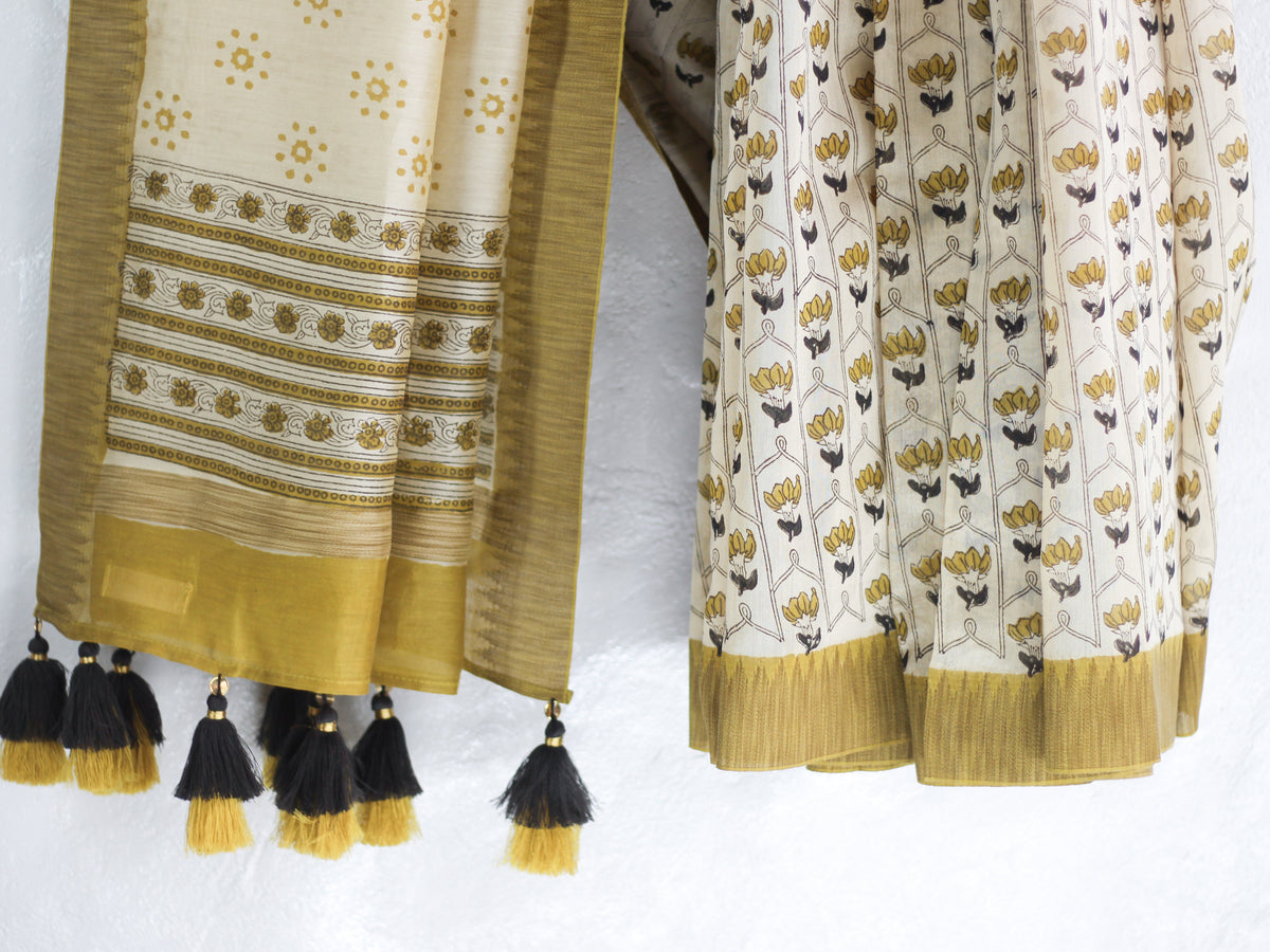 Bagru Natural Yellow Jaal -Chanderi Saree