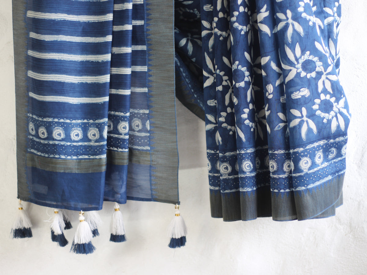 Dabu Indigo in Krishna jaal -Chanderi Saree
