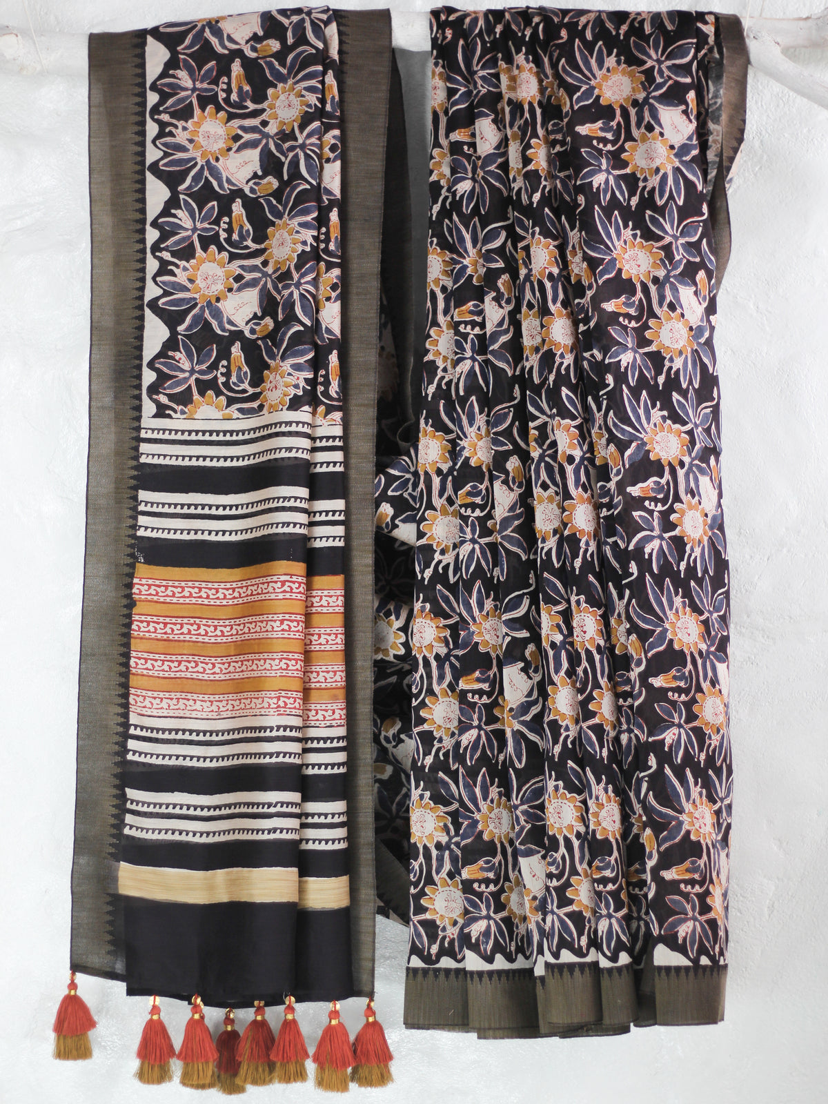 Bagru Natural Black Jaal -Chanderi Saree