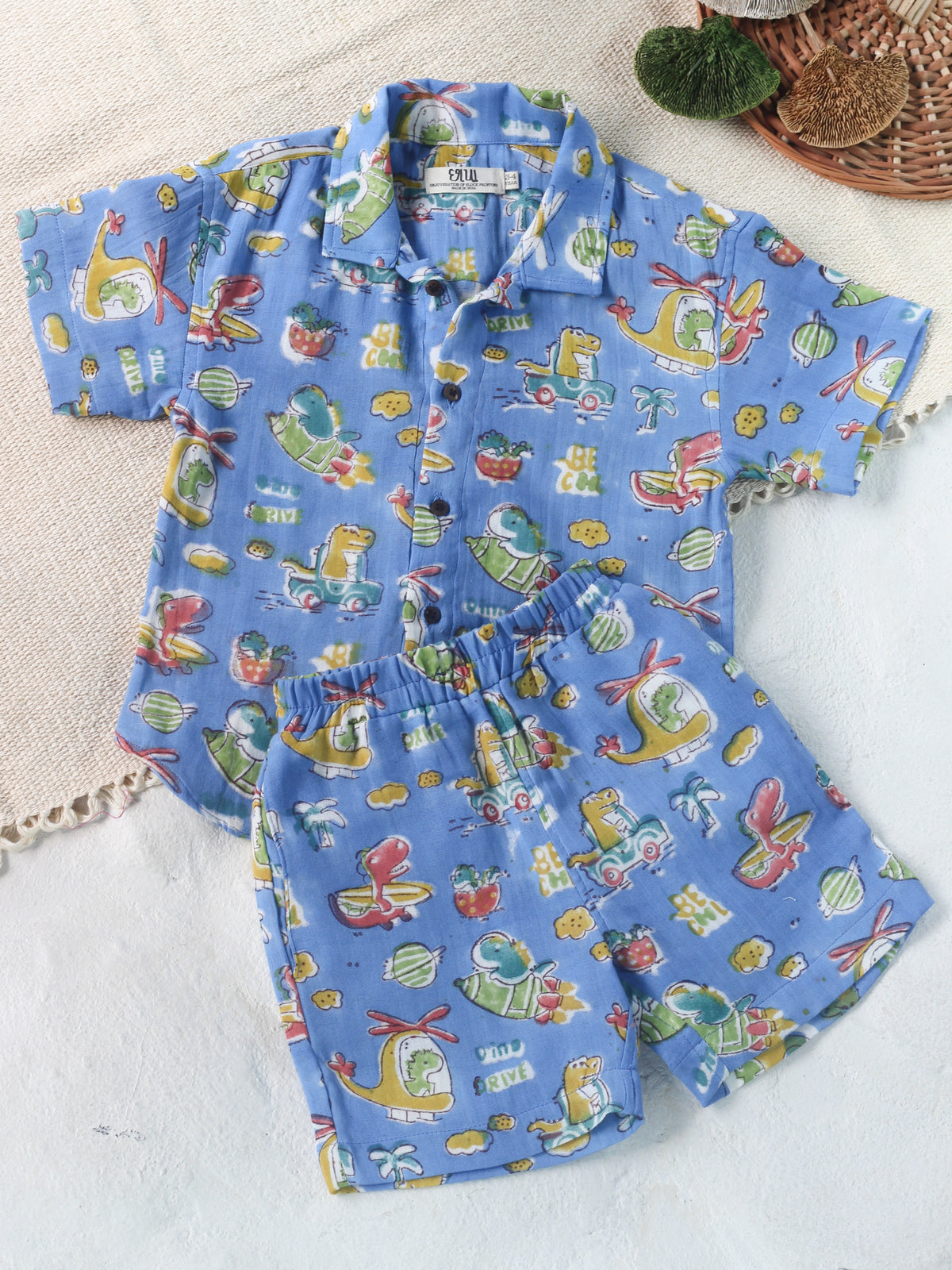 KIDS DINO IN SPACE MUSLIN SHIRT & SHORT SET