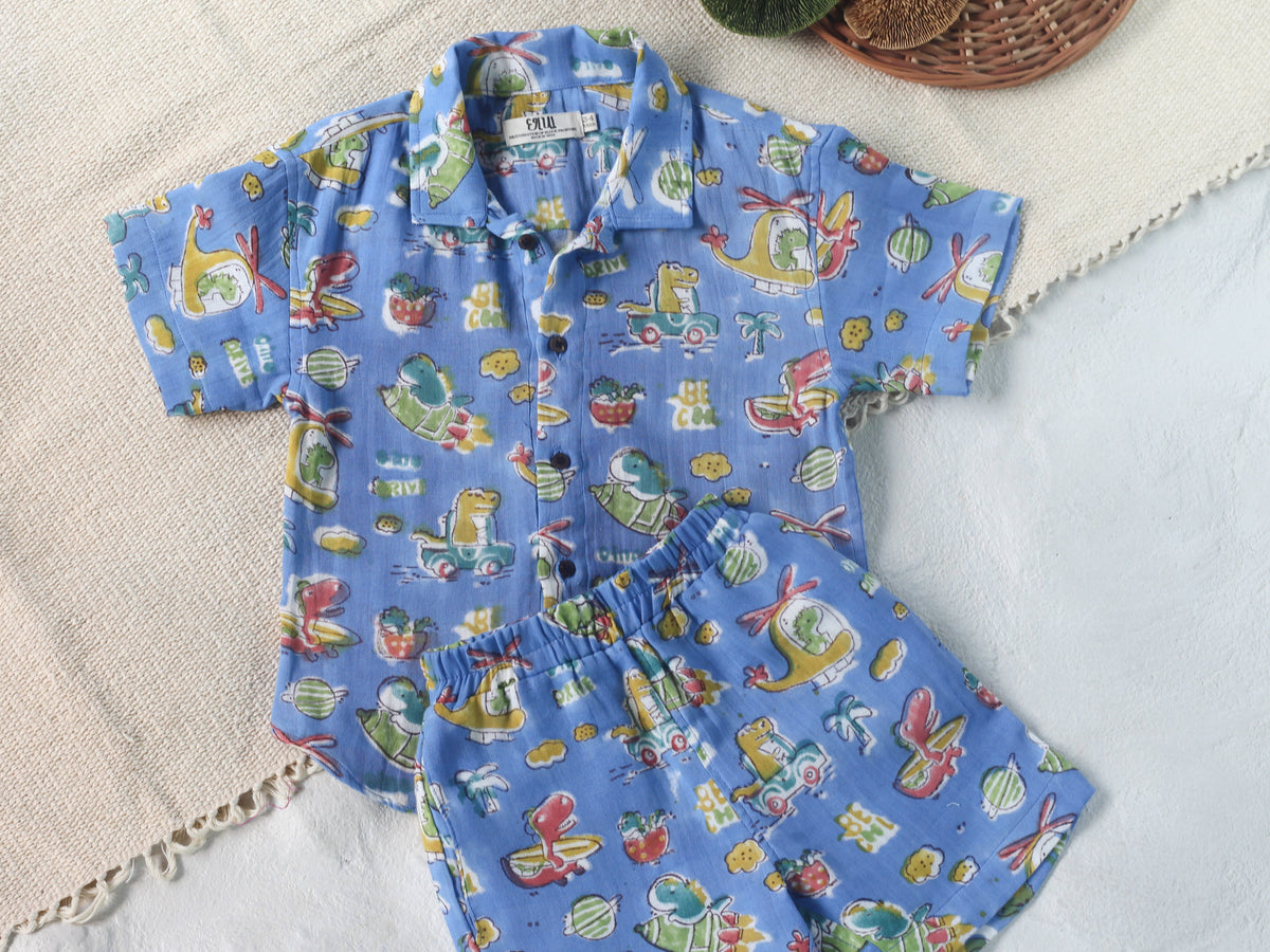 KIDS DINO IN SPACE MUSLIN SHIRT & SHORT SET