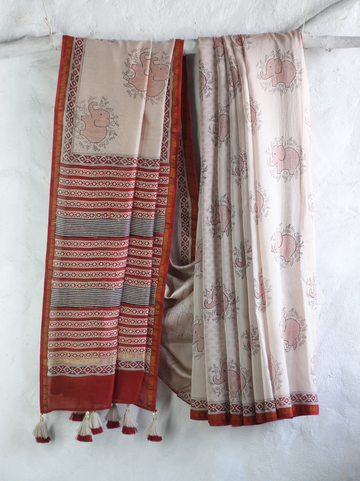 Ivory Maroon Elephant-Chanderi Saree