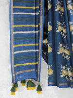 Bagru Natural Indigo Gulab -Chanderi Saree