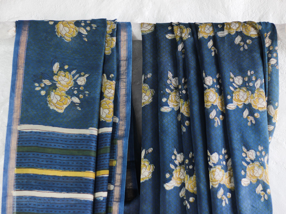 Bagru Natural Indigo Gulab -Chanderi Saree