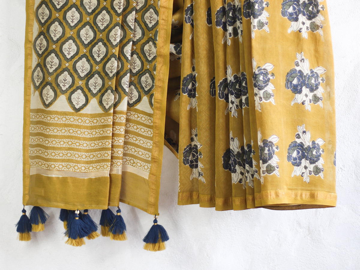 Gulaab Butta in Natural Yellow- Chanderi Saree