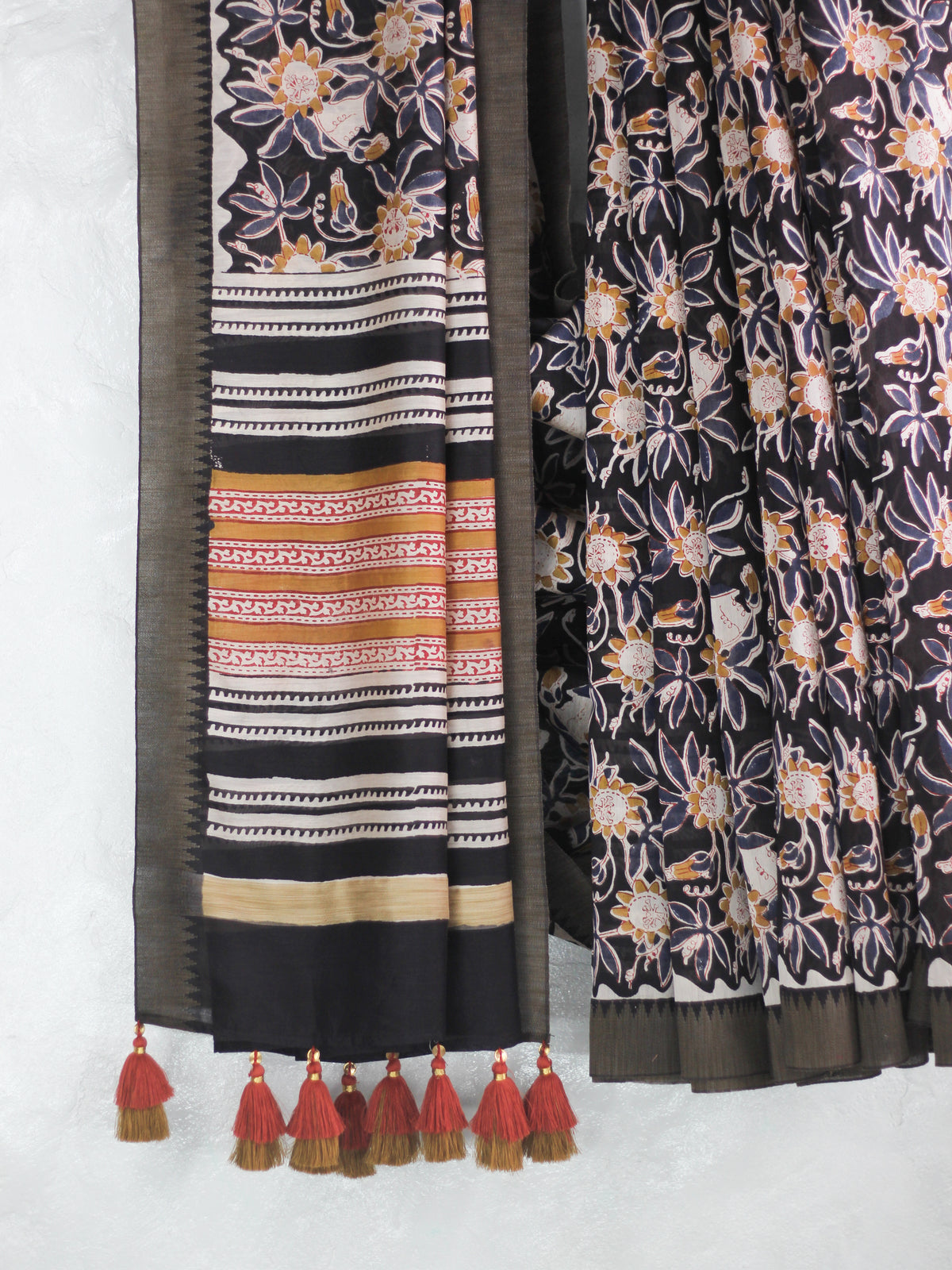 Bagru Natural Black Jaal -Chanderi Saree