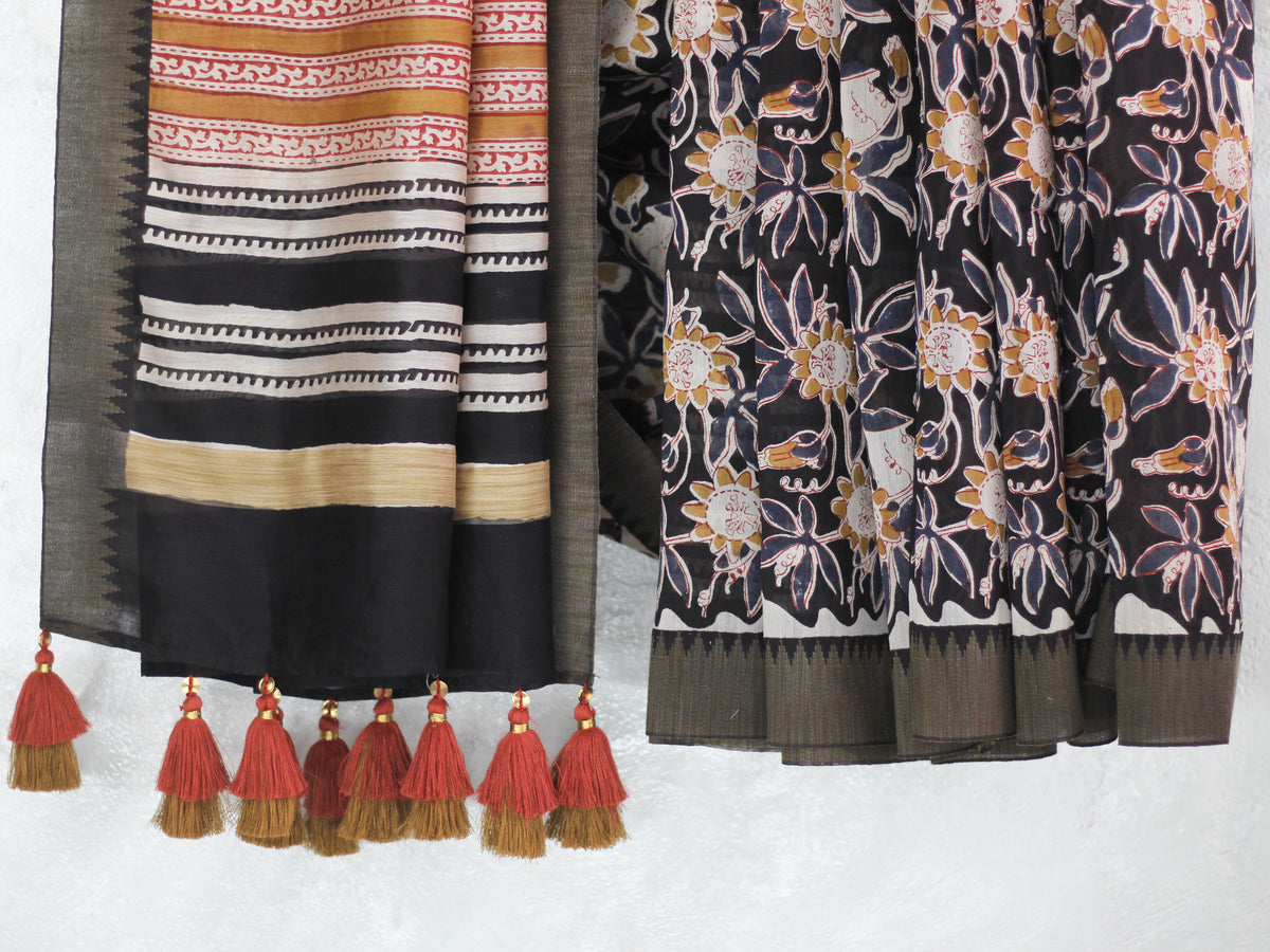 Bagru Natural Black Jaal -Chanderi Saree
