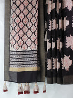 Bagru Natural Black Gulab Butta-Chanderi Saree