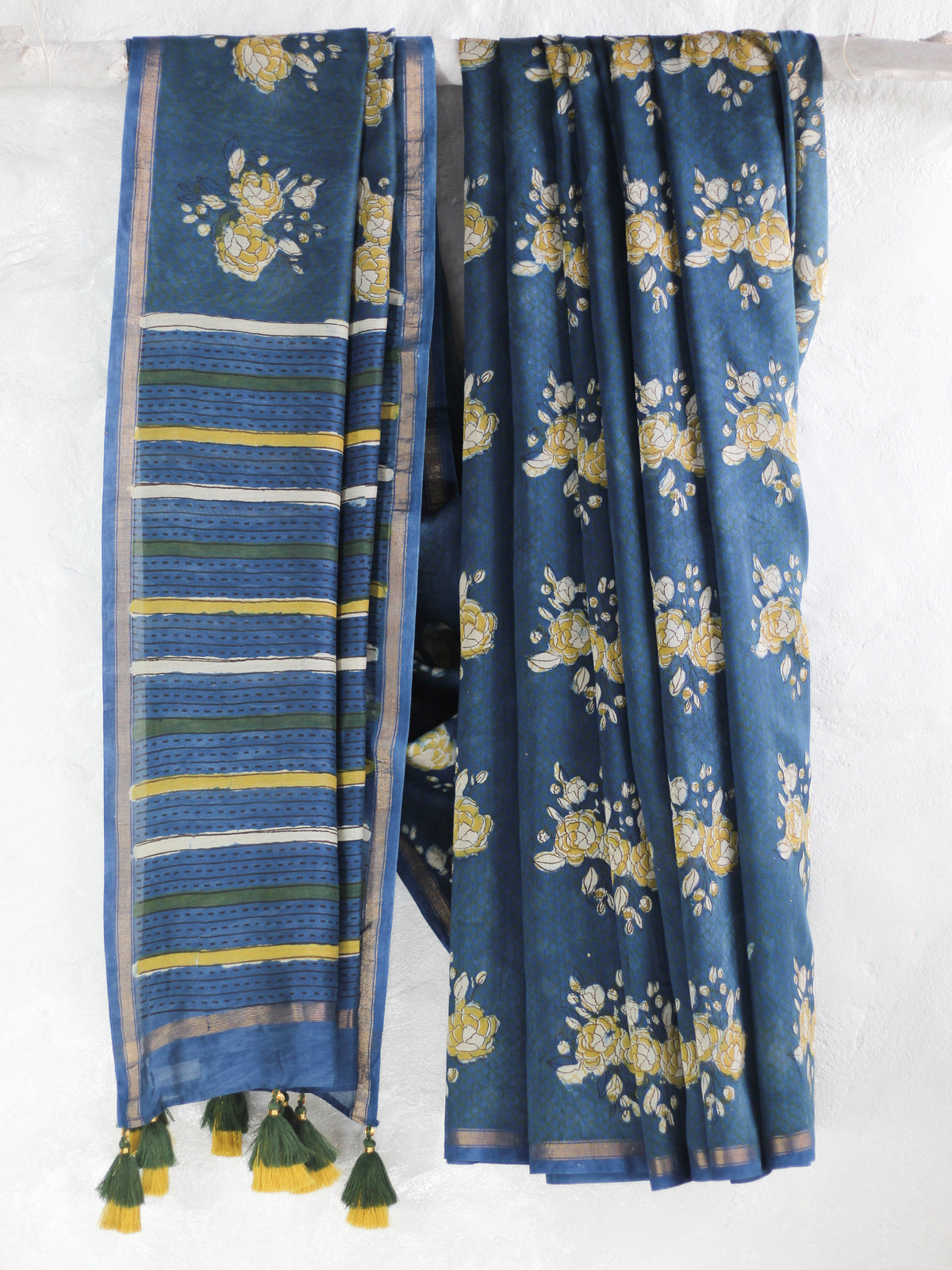 Bagru Natural Indigo Gulab -Chanderi Saree