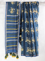 Bagru Natural Indigo Gulab -Chanderi Saree