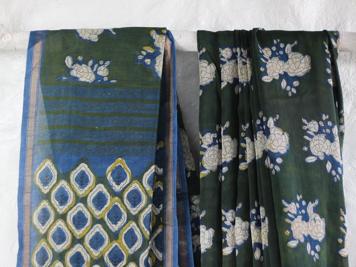 Bagru Natural Indigo Green-Chanderi Saree