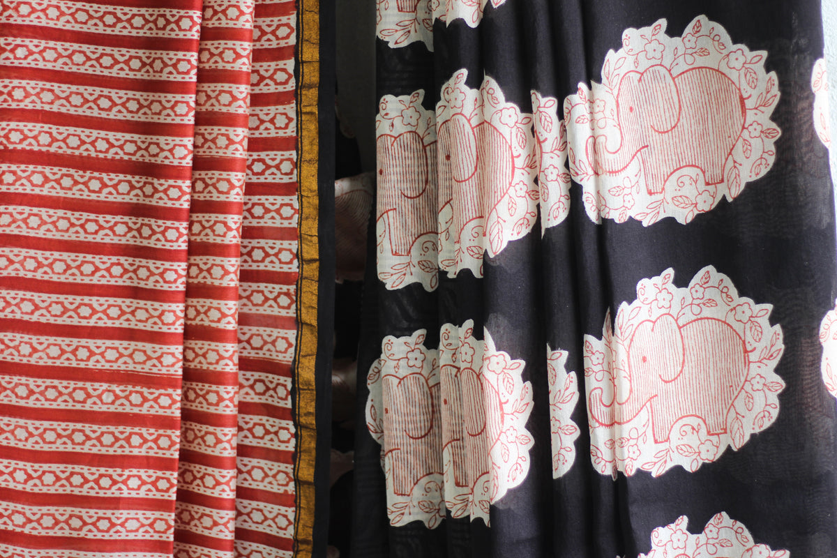Bagru Natural Black Elephant -Chanderi Saree