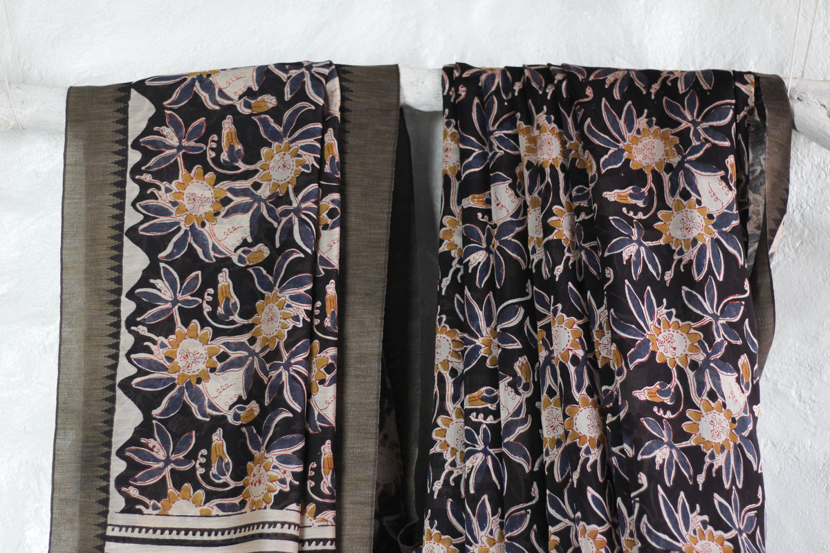 Bagru Natural Black Jaal -Chanderi Saree