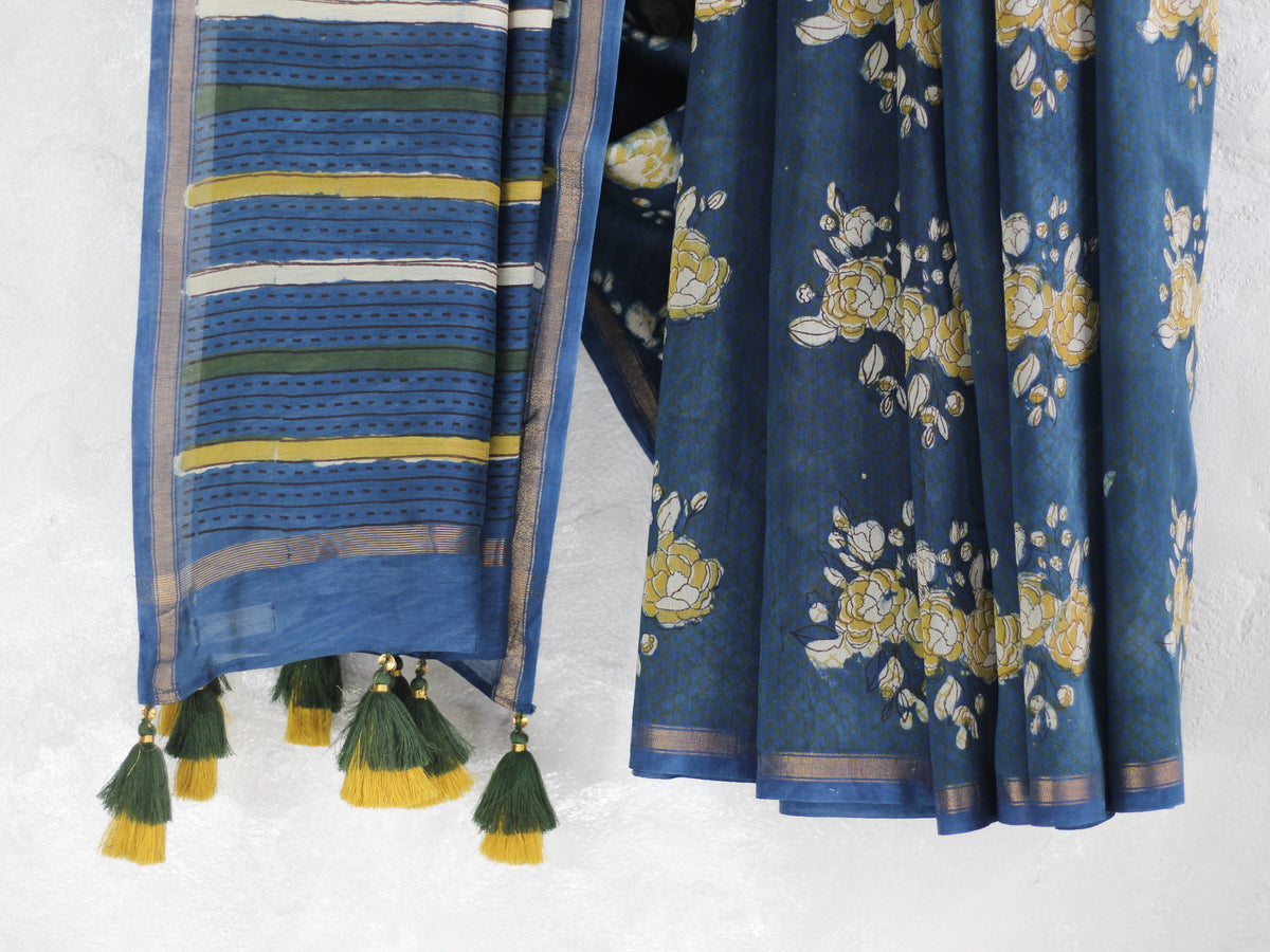 Bagru Natural Indigo Gulab -Chanderi Saree