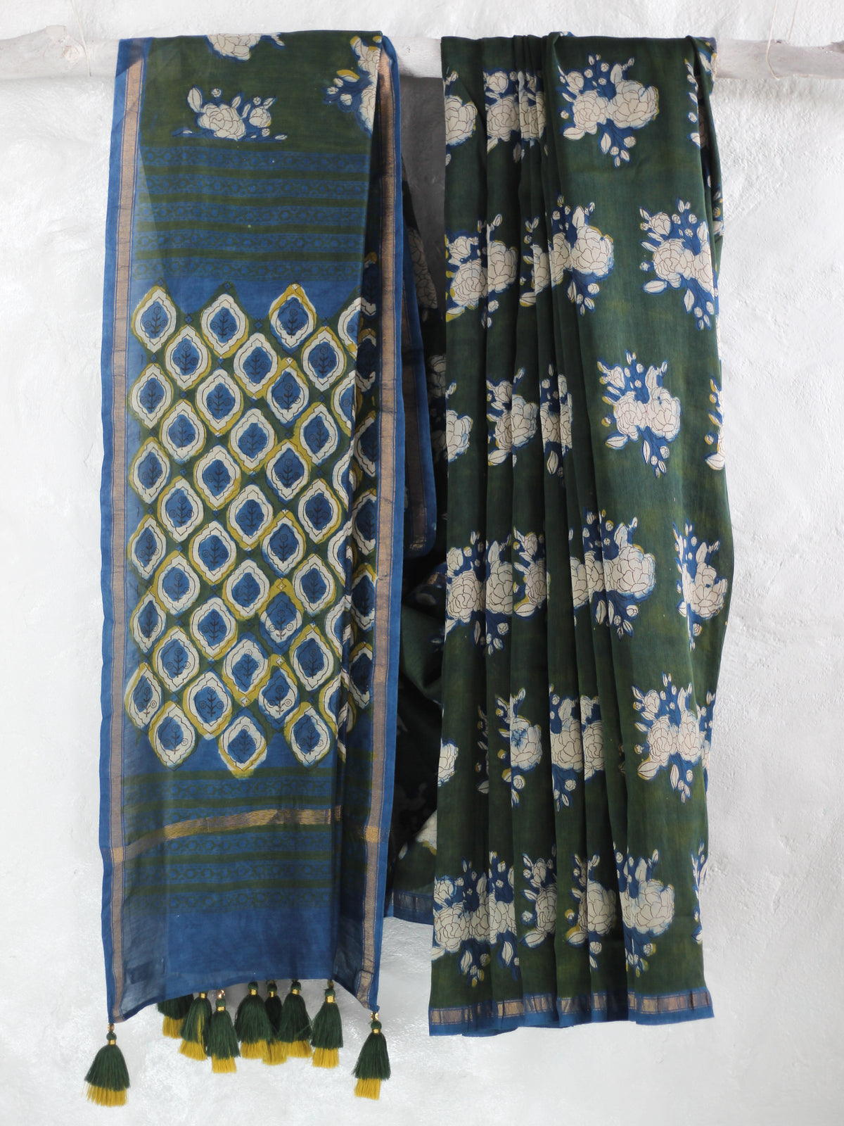 Bagru Natural Indigo Green-Chanderi Saree