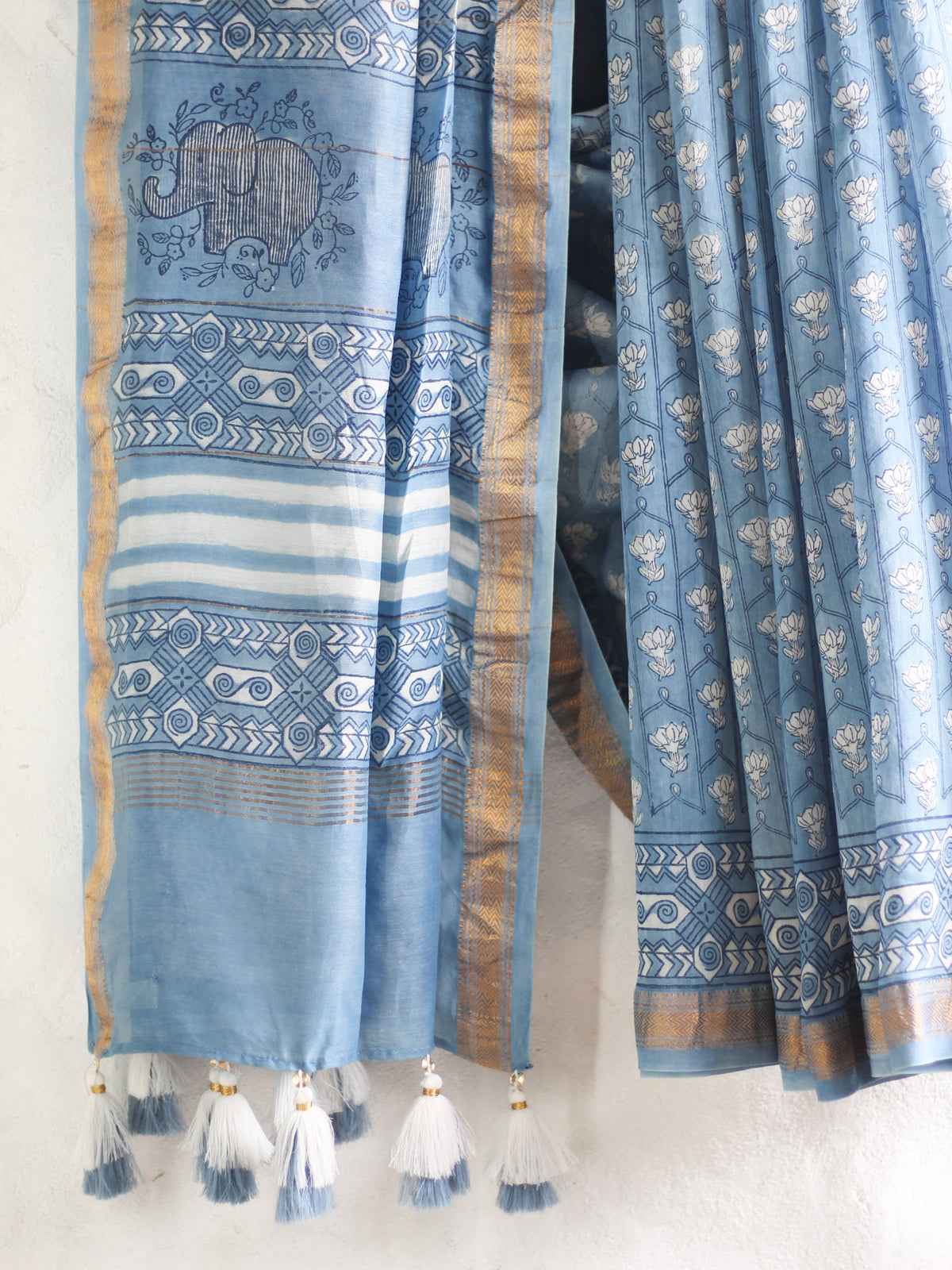 Dabu light indigo -Chanderi Saree