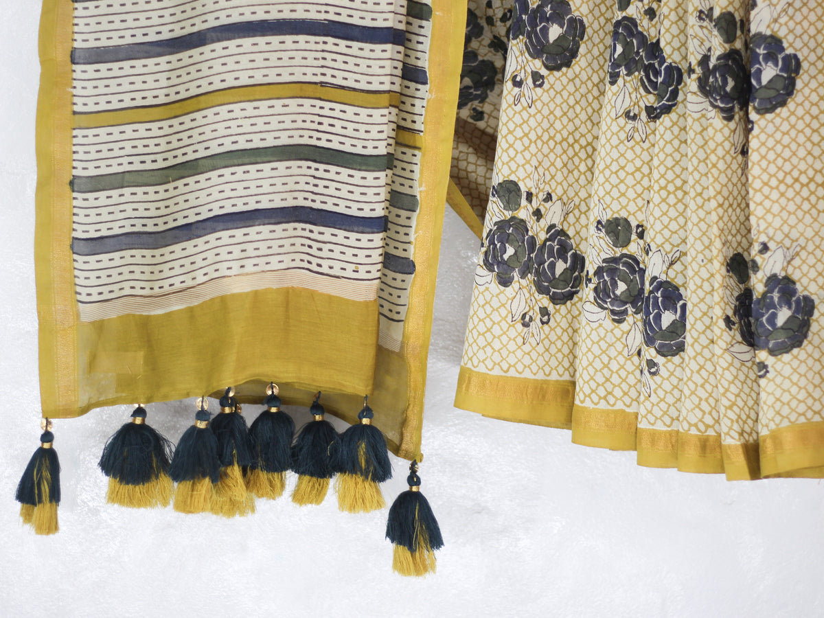 Bagru Natural Yellow-Chanderi Saree