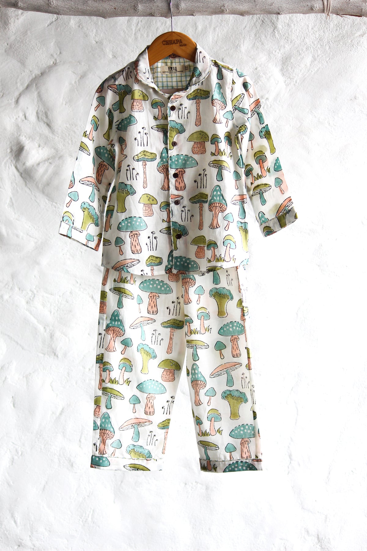 Unisex Kids Pajama -Mushrooms in White