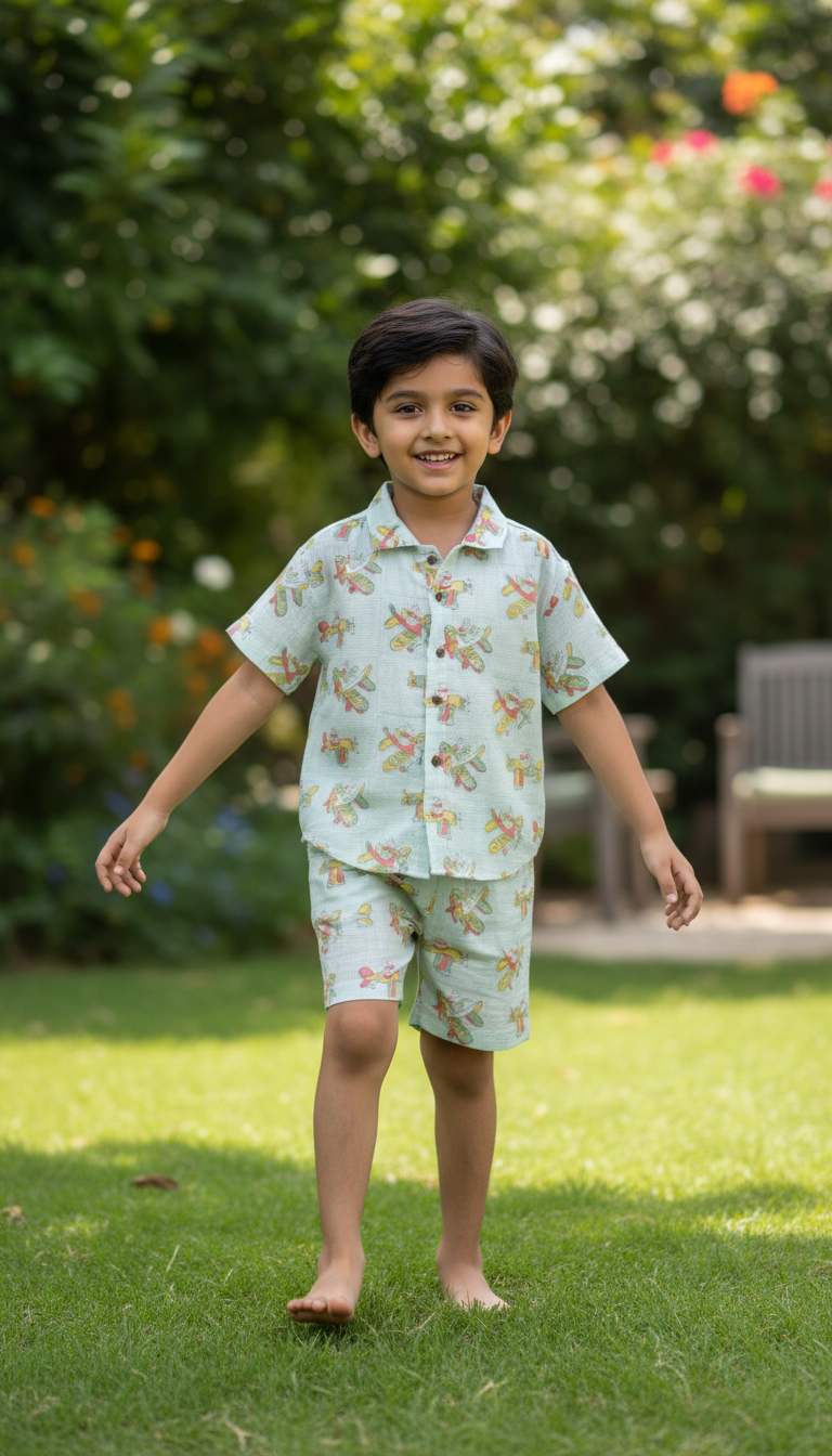 KIDS PLANE MUSLIN SHIRT & SHORT SET