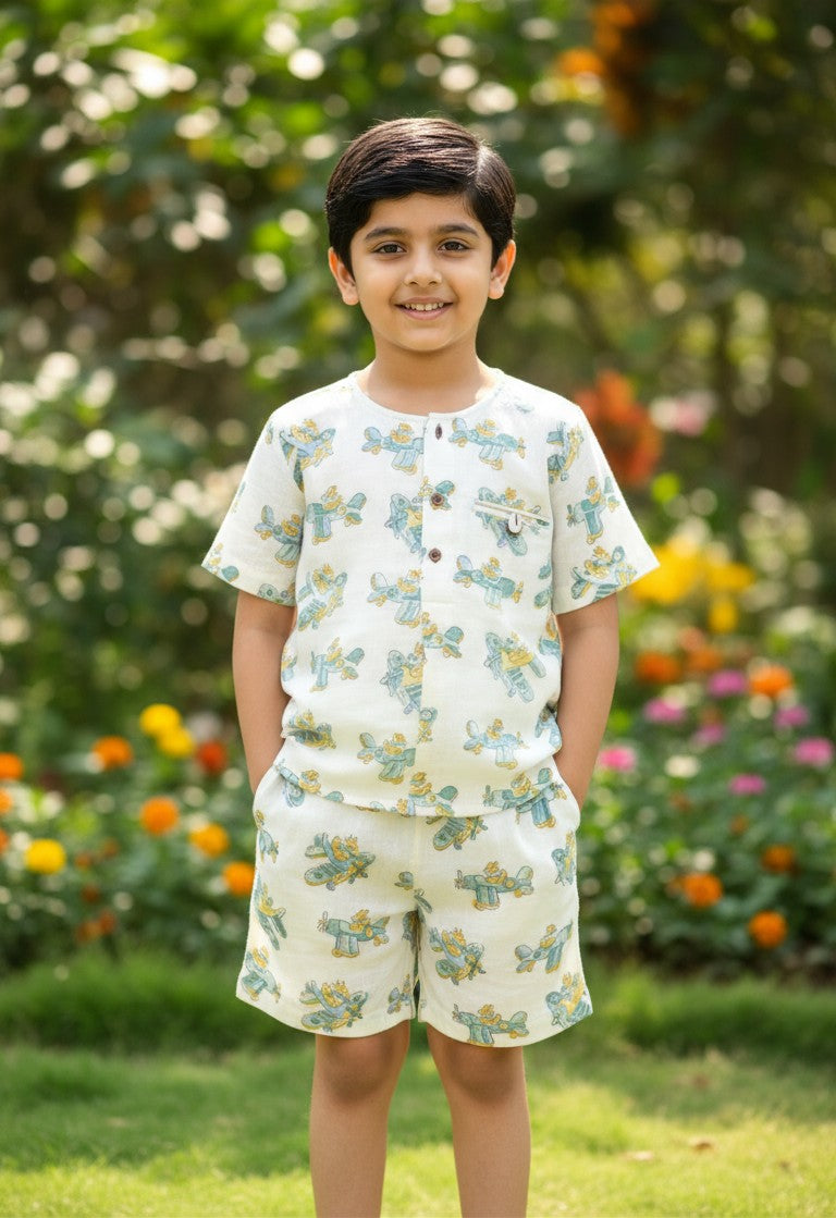 KIDS PLANE MUSLIN SHIRT & SHORT SET