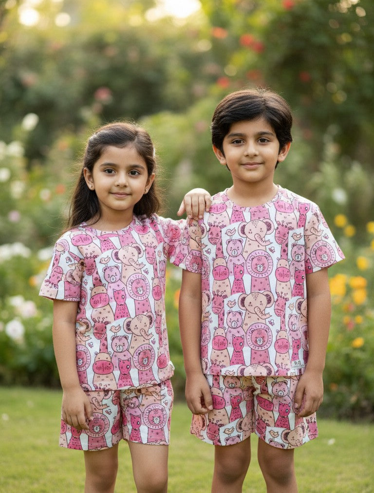 KIDS UNISEX T-SHIRT & SHORT SETJUNGLE SAFARI PINK