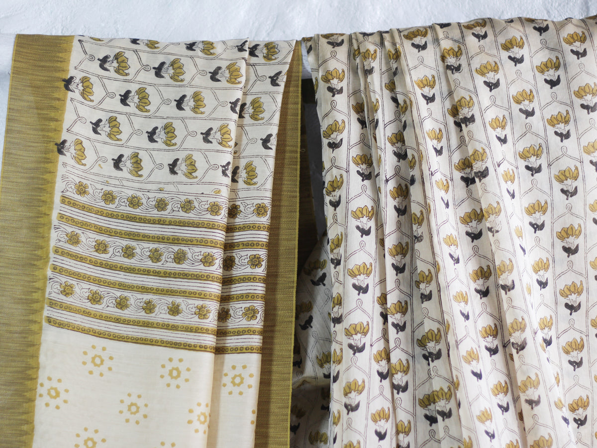 Bagru Natural Yellow Jaal -Chanderi Saree