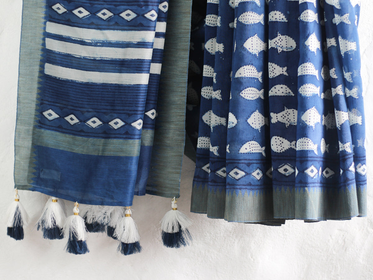 Dabu Indigo Fish -Chanderi Saree