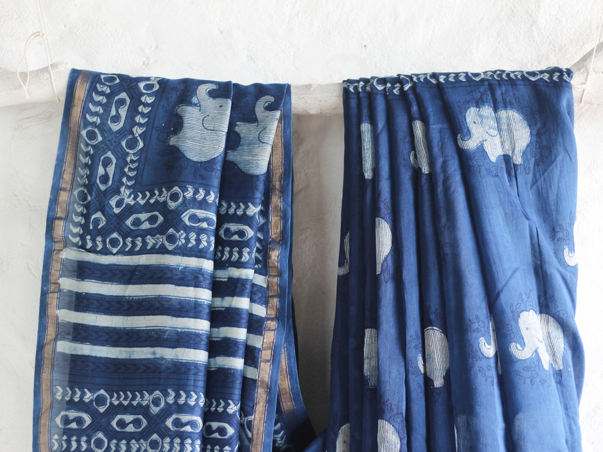Dabu Indigo Elephant-Chanderi Saree