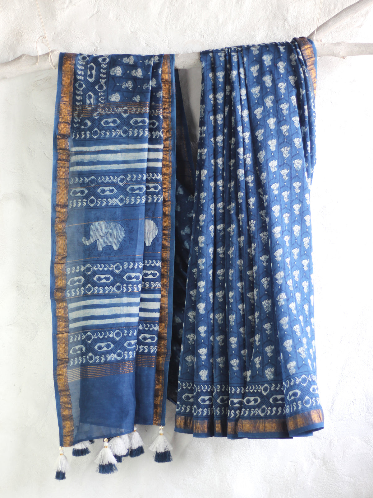 Dabu Indigo in flower jaal -Chanderi Saree