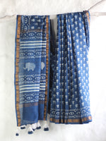Dabu Indigo in flower jaal -Chanderi Saree