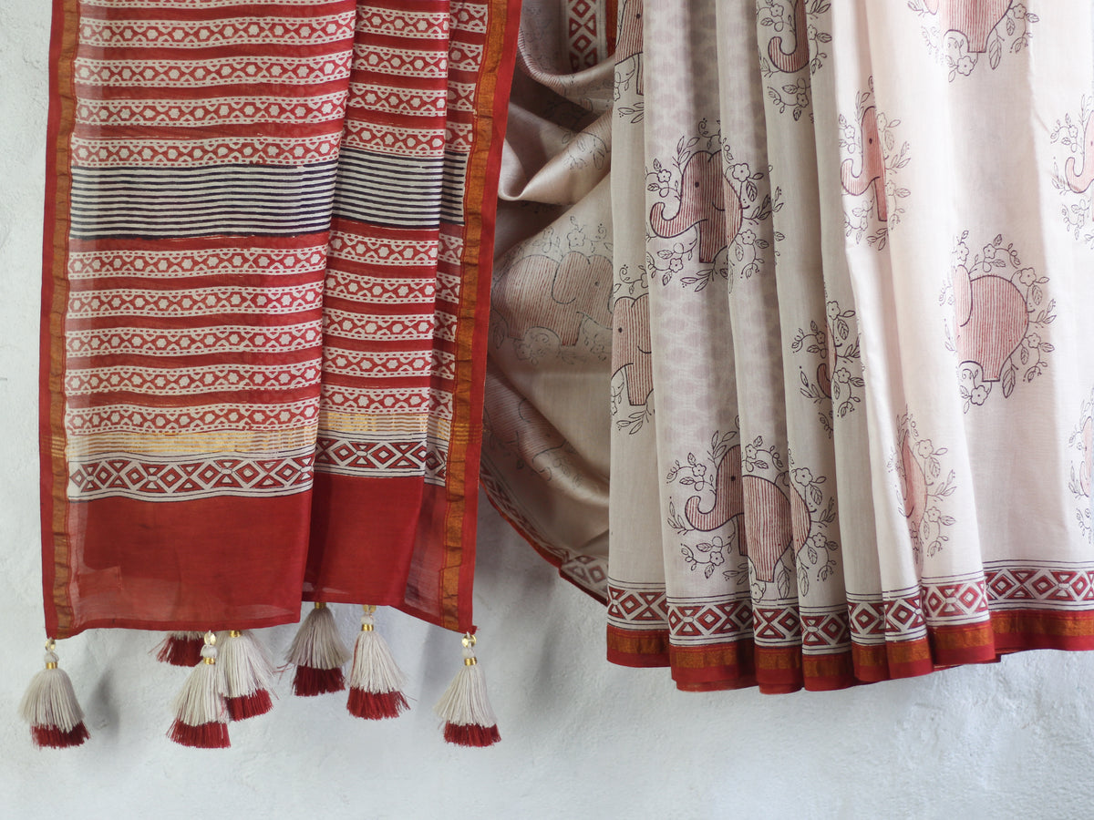Ivory Maroon Elephant-Chanderi Saree